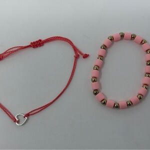 Handcrafted Beaded Cord Bracelet Pink Red Heart Charm Adjustable Tie Closure